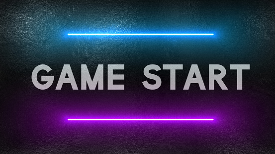 Game Start text written on a dirty concrete wall and illuminated neon lights, signboard for players, creativity graphics and modern design