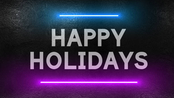 Happy Holidays text written on a dirty concrete wall and illuminated with neon lights, signboard for celebration, creativity graphics and modern design