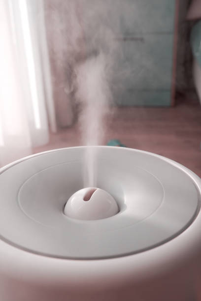 수증기의 흐름이있는 내부의 가정용 가습기 - humidifier steam home interior appliance 뉴스 사진 이미지