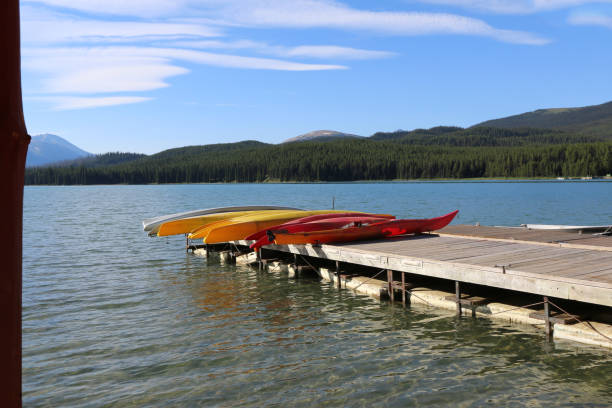 istock Several multi colored canoes lying on a wooden dock 1390190205
