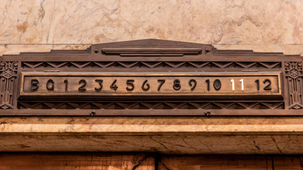 An Art Deco styled elevator floor indication made from brass set into a marble wall