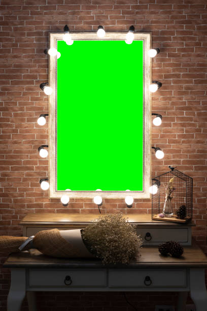 istock Vintage style make up mirror with light with green screen clipping path in middle 1390200920