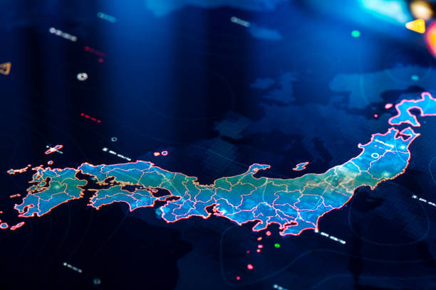 istock Map of Japan on digital display 1390203346