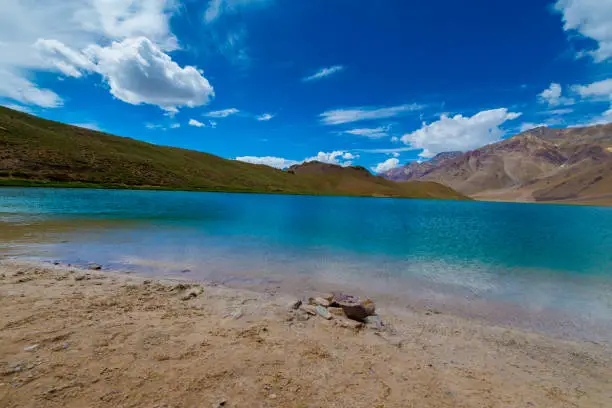 Chandratal lake at an altitude of 14-15000 feet above sea level in the Himalayas. One of the most beautiful lakes and attracts a lot of tourists and trekkers.