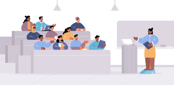 Lecture hall with teacher and multiracial students University lecture hall with teacher at pulpit and multiracial students. Concept of education, public seminar, international conference. Vector flat illustration of classroom with speaker and audience india train stock illustrations