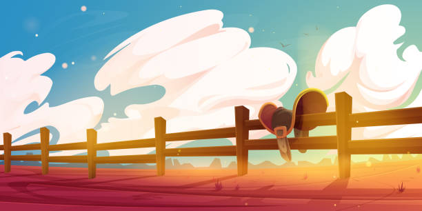 Horse saddle hanging on wooden ranch fence scene Horse saddle hanging on wooden ranch fence at wild west landscape. Cartoon background with desert land, cloudy sky, red dry ground. Mexican or american farm with cowboy equipment, Vector illustration mexico poland stock illustrations