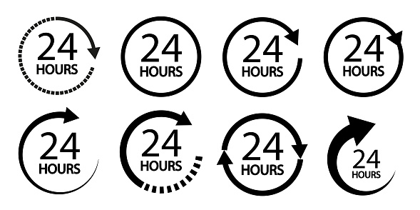 24 hours icons.  twenty four hour icons with arrow loop icon. simpe style sign.