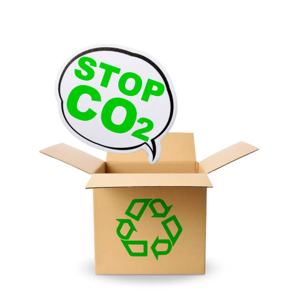 istock Isolated shot of cardboard box with STOP CO2 words speech bubble, on white background 1390210496