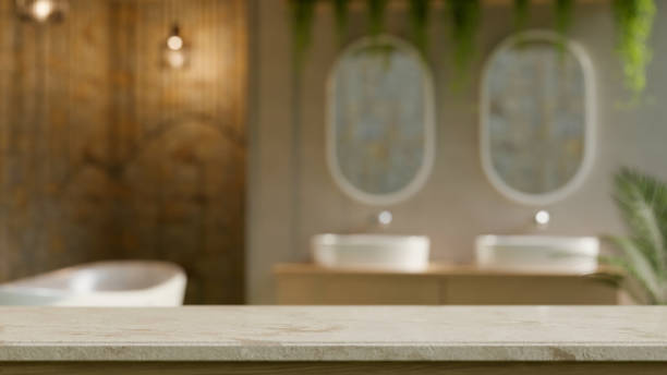 istock Stylish cement tabletop with copy space against blurred modern luxury vintage bathroom 1390213783