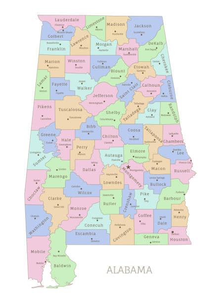 Alabama state administrative map with names of departments Alabama state administrative map with names of departments. US American Federal State highly detailed map with territory borders vector illustration on white background alabama state map with cities stock illustrations