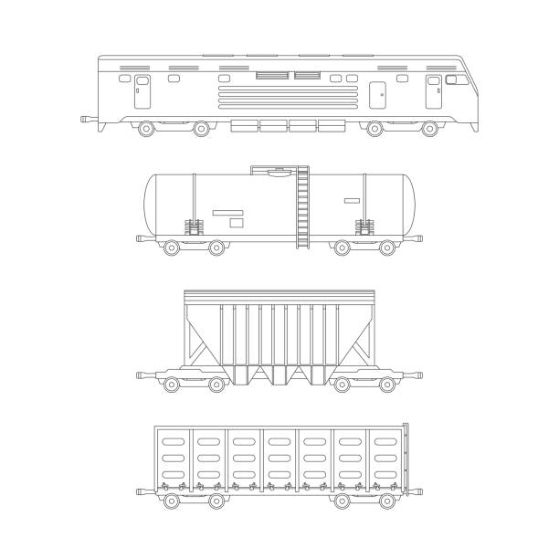 Cargo wagons and tank wagons of a railway train. vector art illustration