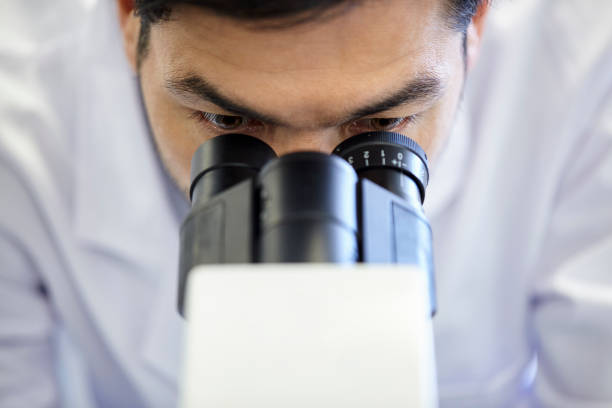 Close up detail of an electronic magnifier microscope for science, pharmaceutical and biochemistry purposes.