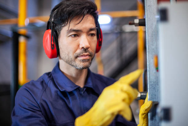Portrait of a mid adult Asian American male industrial worker wearing ear muffs stock photo