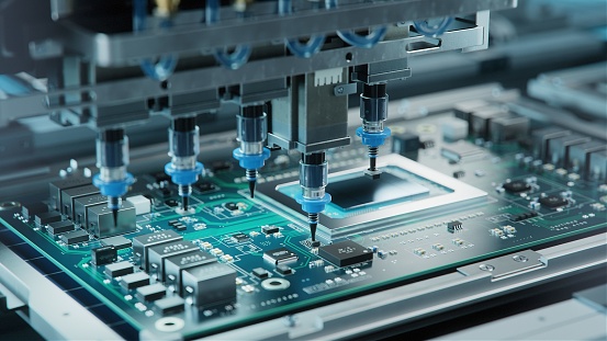 La máquina de recogida y colocación automática instala rápidamente los componentes en la placa de circuito genérico. Fabricación de electrónica y placas de circuitos. Ambiente luminoso photo