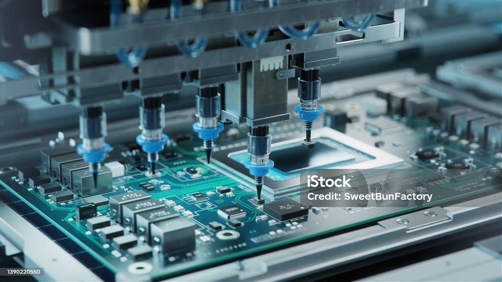 Automatic Pick and Place machine quickly installs Components on Generic Circuit Board. Electronics and Circuit board Manufacturing. Bright Environment Manufacturing Stock Photo
