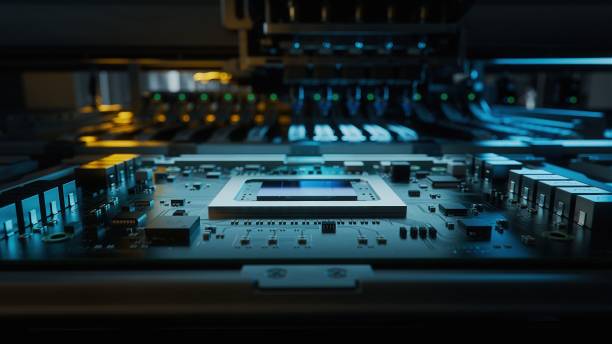 istock Macro Shot of Generic Printed Circuit board with Microchips and other Components During Production Process. Electronics Manufacturing. Dark Environment 1390220604
