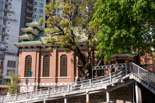 Hong Kong - April 5, 2022 : General view of the St Mary's Church in Causeway Bay, Hong Kong. The building was rated as Grade 1 historical building by the Antiques and Monuments Office of the HKSAR Government in 2009.