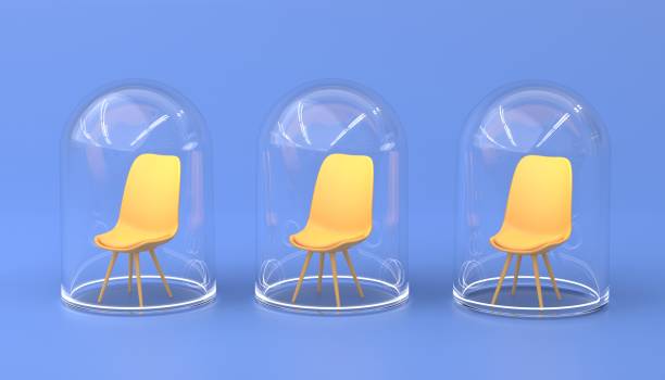3D Social distancing banner. Realistic set office chairs under protective glass domes with reflection, empty yellow seats isolated on blue background. Concept of stay home, self isolation, quarantine.