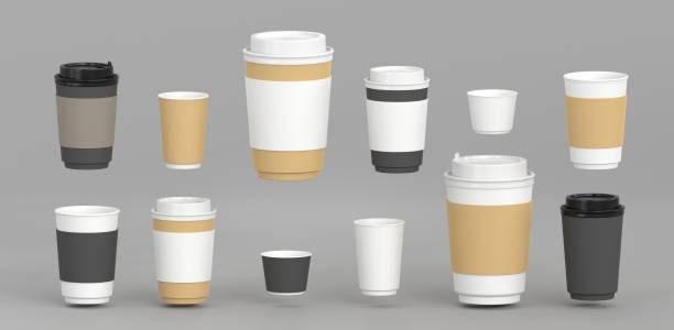 istock 3D Coffee cups with sleeves, open and closed lids, packaging mockup. Realistic set blank disposable black, white and kraft paper mugs for take away hot drinks isolated on grey background, 3D render 1390221996