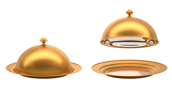 3D Gold tray with open and closed cloche. Realistic set of golden plates with dome lids, mockup empty dishes for serving hot food in restaurant, isolated on white background, 3D render illustration.