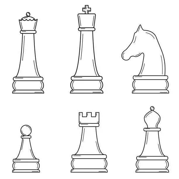 Vector illustration of Hand drawn set of chess pieces. Strategy game that develops intelligence. Doodle styie. Vector.