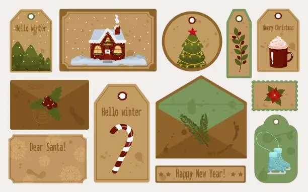 Vector illustration of Christmas retro tags, letter and envelope set of festive elements. With inscriptions to Dear Santa, Happy New Year, Hello winter. Vector illustration with spots and scuffs
