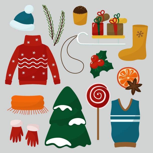 ilustrações de stock, clip art, desenhos animados e ícones de christmas stickers for design. sweater, sled, candy, gifts, holly, orange. vector illustration. - gift orange green package