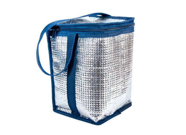 istock Thermal bag isolated on white background. Blue square box insulation bag with handle isolated 1390224343