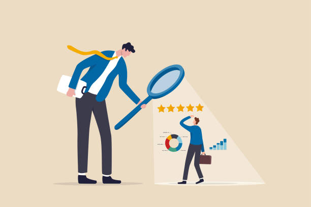 ilustrações de stock, clip art, desenhos animados e ícones de employee performance evaluation, appraisal or annual review for goals achievement, assessment for rating or feedback concept, businessman manager use magnifier to analyze employee with 5 stars rating. - foreman manager built structure expressing positivity