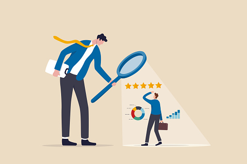 Employee performance evaluation, appraisal or annual review for goals achievement, assessment for rating or feedback concept, businessman manager use magnifier to analyze employee with 5 stars rating.