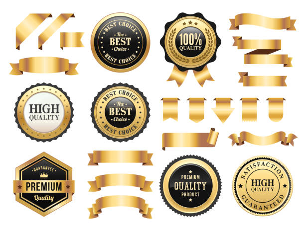 ilustrações de stock, clip art, desenhos animados e ícones de gold badges and ribbons set - internet banner placard ribbon