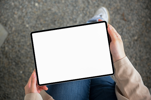 Modern silver computer monitor mockup isolated on white background with circle button, Screen with blank with copy space for a text, 3d rendering