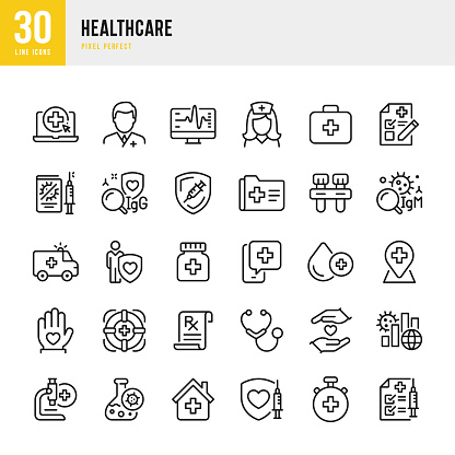 Healthcare - thin line icon set. Vector illustration. 30 linear icon. Pixel perfect. The set contains icons: Doctor, Blood Donation, Nurse, Stethoscope, Electrocardiography, Medical Insurance, Microscope, Telemedicine, Test Tube, Charity Benefit, High-Five, Antibody Test.