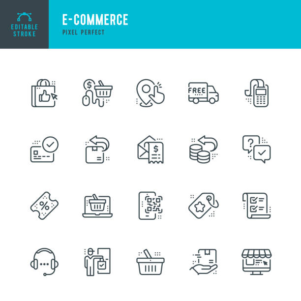 E-Commerce - thin line vector icon set. Pixel perfect. Editable stroke. The set contains icons: Online Shopping, E-Commerce, Home Shopping, Home Delivery, Credit Card Reader, Shopping Basket, Delivery Van. E-Commerce - thin line vector icon set. 20 linear icon. Pixel perfect. Editable outline stroke. The set contains icons: Online Shopping, E-Commerce, Home Shopping, Home Delivery, Credit Card Reader, Refund, Shopping Basket, Delivery Van. ordering stock illustrations