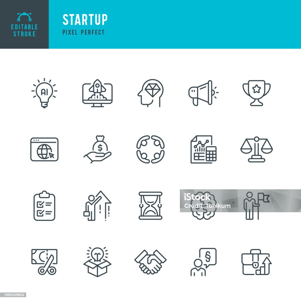 Startup - thin line vector icon set. Pixel perfect. Editable stroke. The set contains icons: Partnership, Lawyer, Budget, Startup, Leadership, Portfolio, Hourglass, Rocket Launch. Startup - thin line vector icon set. 20 linear icon. Pixel perfect. Editable outline stroke. The set contains icons: Partnership, Lawyer, Budget, Startup, Leadership, Portfolio, Hourglass, Rocket Launch, Career. Time stock vector