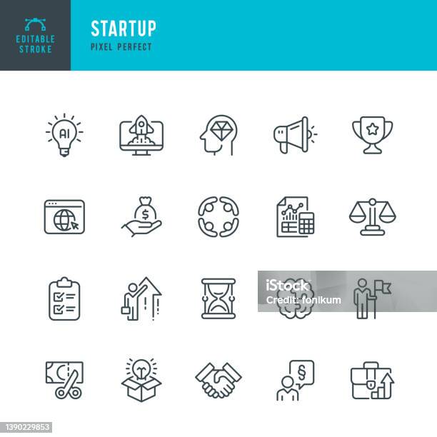 Startup Thin Line Vector Icon Set Pixel Perfect Editable Stroke The Set Contains Icons Partnership Lawyer Budget Startup Leadership Portfolio Hourglass Rocket Launch Stock Illustration - Download Image Now