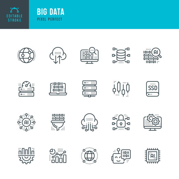 big data - thin line vector icon set. pixel perfect. editable stroke. the set contains icons: data analyzing, big data, cloud computing, artificial intelligence, machine learning, network security, data center. - data stock illustrations