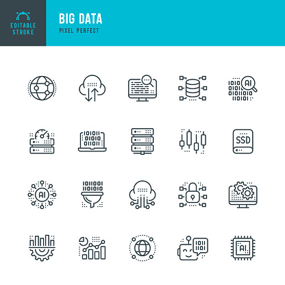 Big Data - thin line vector icon set. 20 linear icon. Pixel perfect. Editable outline stroke. The set contains icons: Data Analyzing, Big Data, Cloud Computing, Network Server, Artificial Intelligence, Machine Learning, Network Security, Data Center.