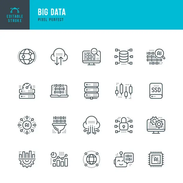 Vector illustration of Big Data - thin line vector icon set. Pixel perfect. Editable stroke. The set contains icons: Data Analyzing, Big Data, Cloud Computing, Artificial Intelligence, Machine Learning, Network Security, Data Center.
