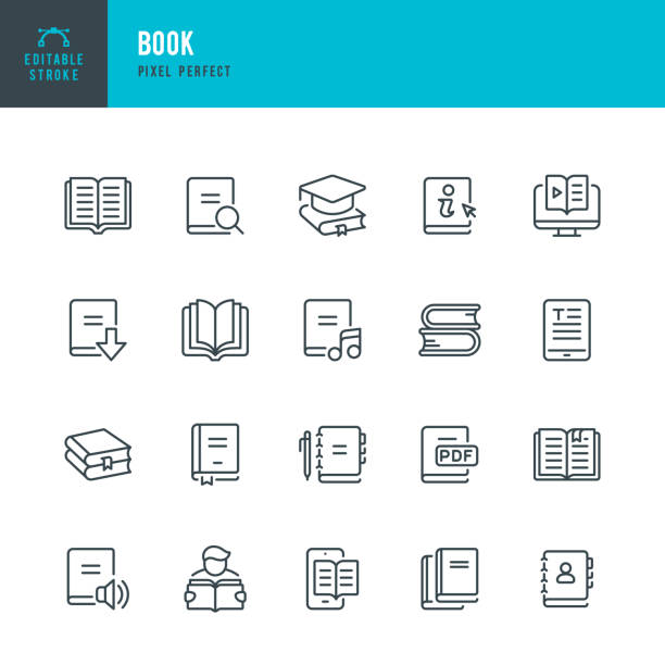 book - thin line vector icon set. pixel perfect. editable stroke. the set contains icons: book, audiobook, e-reader, studying, tutorial, personal organizer, diary, reference book. - book stock illustrations