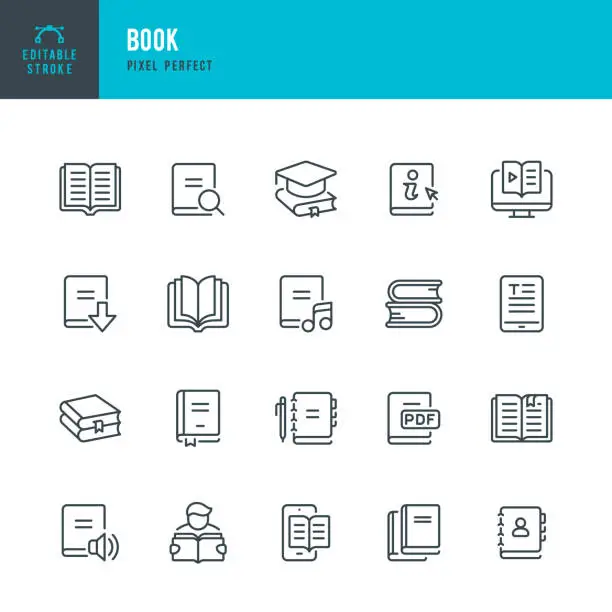Vector illustration of Book - thin line vector icon set. Pixel perfect. Editable stroke. The set contains icons: Book, Audiobook, E-Reader, Studying, Tutorial, Personal Organizer, Diary, Reference Book.