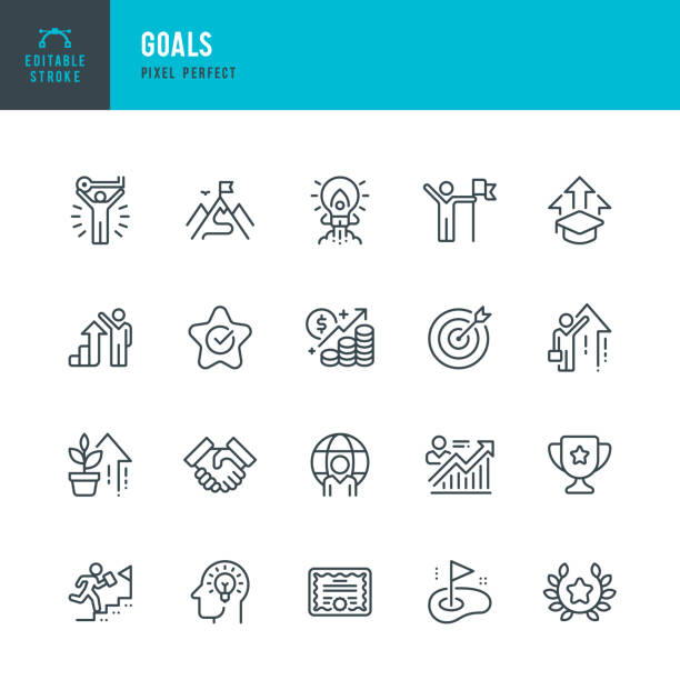 bildbanksillustrationer, clip art samt tecknat material och ikoner med goals - thin line vector icon set. pixel perfect. editable stroke. the set contains icons: leadership, ladder of success, motivation, goal, career, mountain peak, partnership, award, winning. - möjlighet