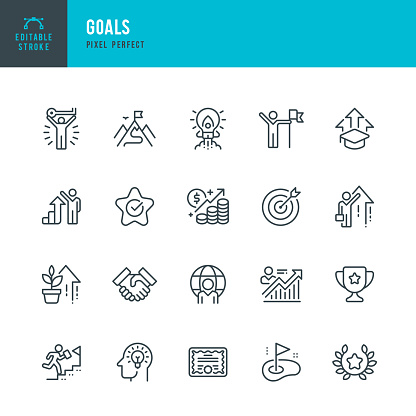 Goals - thin line vector icon set. 20 linear icon. Pixel perfect. Editable outline stroke. The set contains icons: Leadership, Ladder of Success, Motivation, Goal, Career, Mountain Peak, Partnership, Award, Winning.