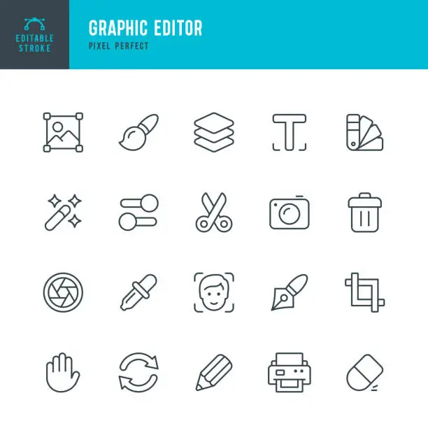 Vector illustration of Graphic Editor - thin line vector icon set. Pixel perfect. Editable stroke. The set contains icons: Image Editor, Camera, Magic Wand, Color Swatch, Eyedropper, Pen, Pencil, Human Face, Layers, Trash Icon, Computer Printer, Eraser,  Aperture, Font, Crop Fr