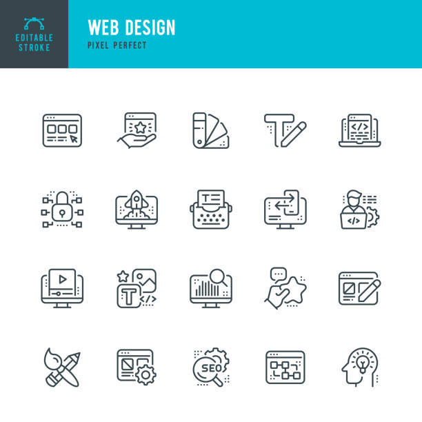 web design - thin line vektor icon set. pixel perfekt. bearbeitbarer strich. das set enthält symbole: webdesigner, computerprogrammierer, webseite, textschreiben, programmieren, kreativität, reparieren, farbfeld, internetsicherheit. - pc bildschirmsymbol stock-grafiken, -clipart, -cartoons und -symbole