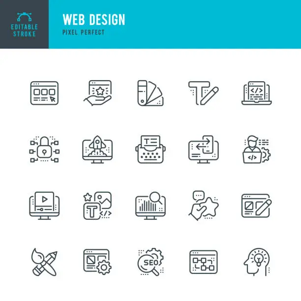 Vector illustration of Web Design - thin line vector icon set. Pixel perfect. Editable stroke. The set contains icons: Web Designer, Computer Programmer, Web Page, Text Writing, Coding, Creativity, Repairing, Color Swatch, Internet Safety.