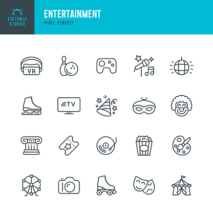 Entertainment - thin line vector icon set. 20 linear icon. Pixel perfect. Editable outline stroke. The set contains icons: Party, Vacations, Theatre, Carnival, Festival, Bowling, Karaoke, Circus, Clown, Amusement Park, Ferris Wheel, Virtual Reality, Video Game, Ice Skating, Roller Skating.