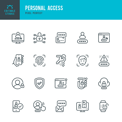 Personal Access - thin line vector icon set. 20 linear icon. Pixel perfect. Editable outline stroke. The set contains icons: Security System, Digital Authentication, Data Protection, Personal Verification, Padlock, Facial Recognition, Fingerprint Scanner, GDPR.