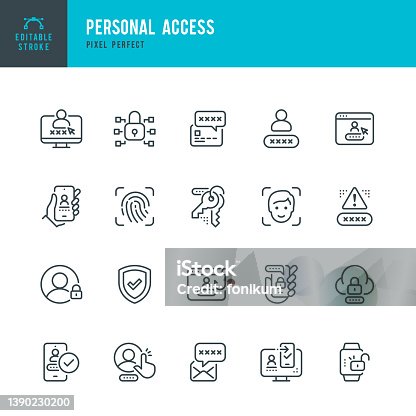 istock Personal Access - thin line vector icon set. Pixel perfect. Editable stroke. The set contains icons: Security System, Digital Authentication, Data Protection, Padlock, Facial Recognition, Fingerprint Scanner, GDPR. 1390230200