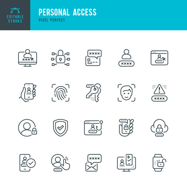 Personal Access - thin line vector icon set. Pixel perfect. Editable stroke. The set contains icons: Security System, Digital Authentication, Data Protection, Padlock, Facial Recognition, Fingerprint Scanner, GDPR. Personal Access - thin line vector icon set. 20 linear icon. Pixel perfect. Editable outline stroke. The set contains icons: Security System, Digital Authentication, Data Protection, Personal Verification, Padlock, Facial Recognition, Fingerprint Scanner, GDPR. log on stock illustrations